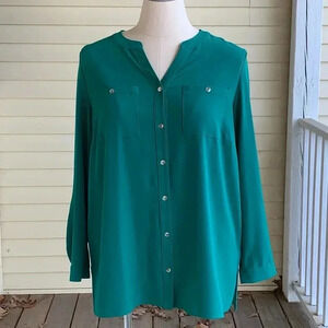 Susan Graver Plus Size 18W Roll Tab Sleeve Tunic Blouse Band Collar Button Front